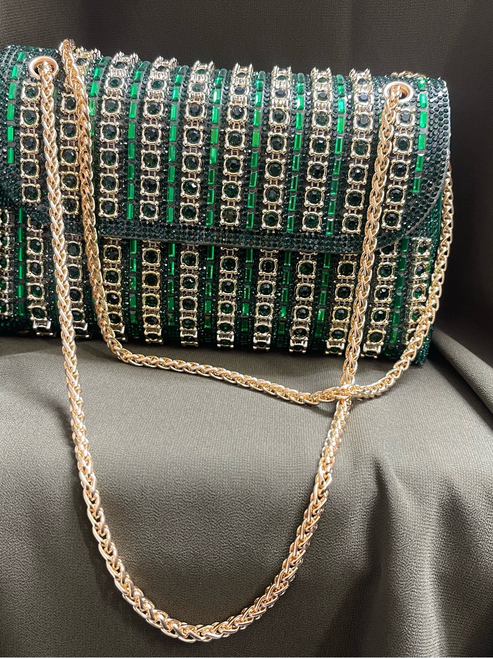 Green Crystal-Embellished Evening Clutch with Gold Chain